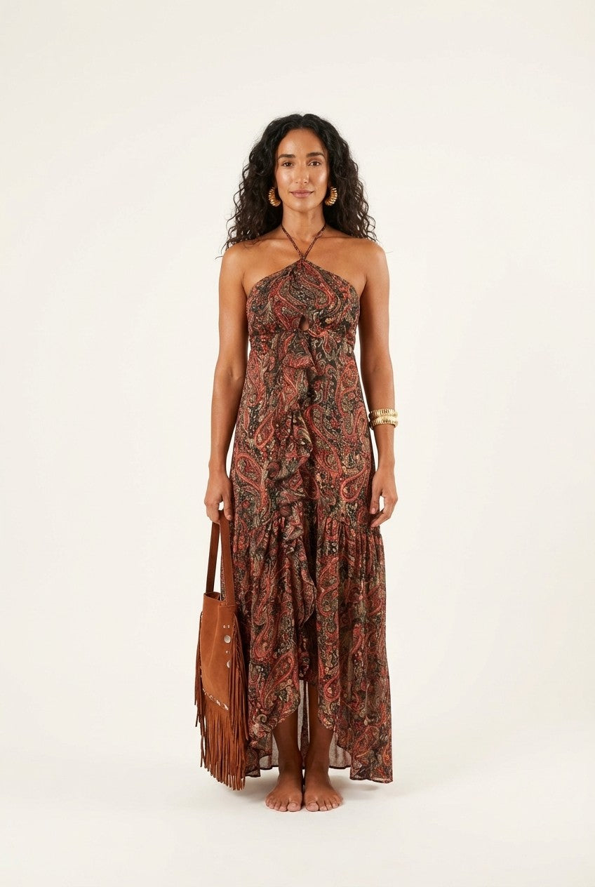 Women's Paisley Halter Maxi Dress With Ruffle Detail Boho Resort Style