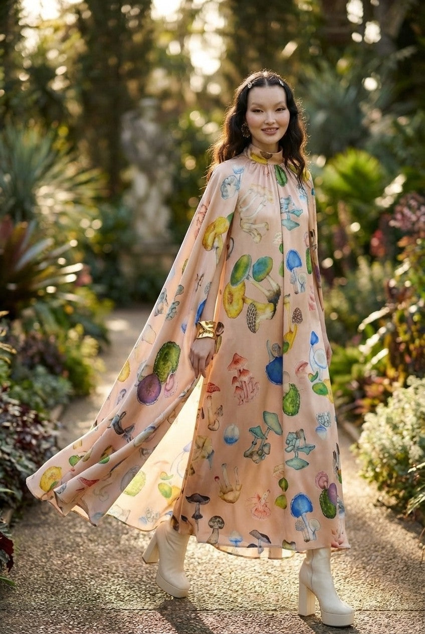 Women's Satin Mushroom Print Cape Maxi Dress Whimsical Evening Gown