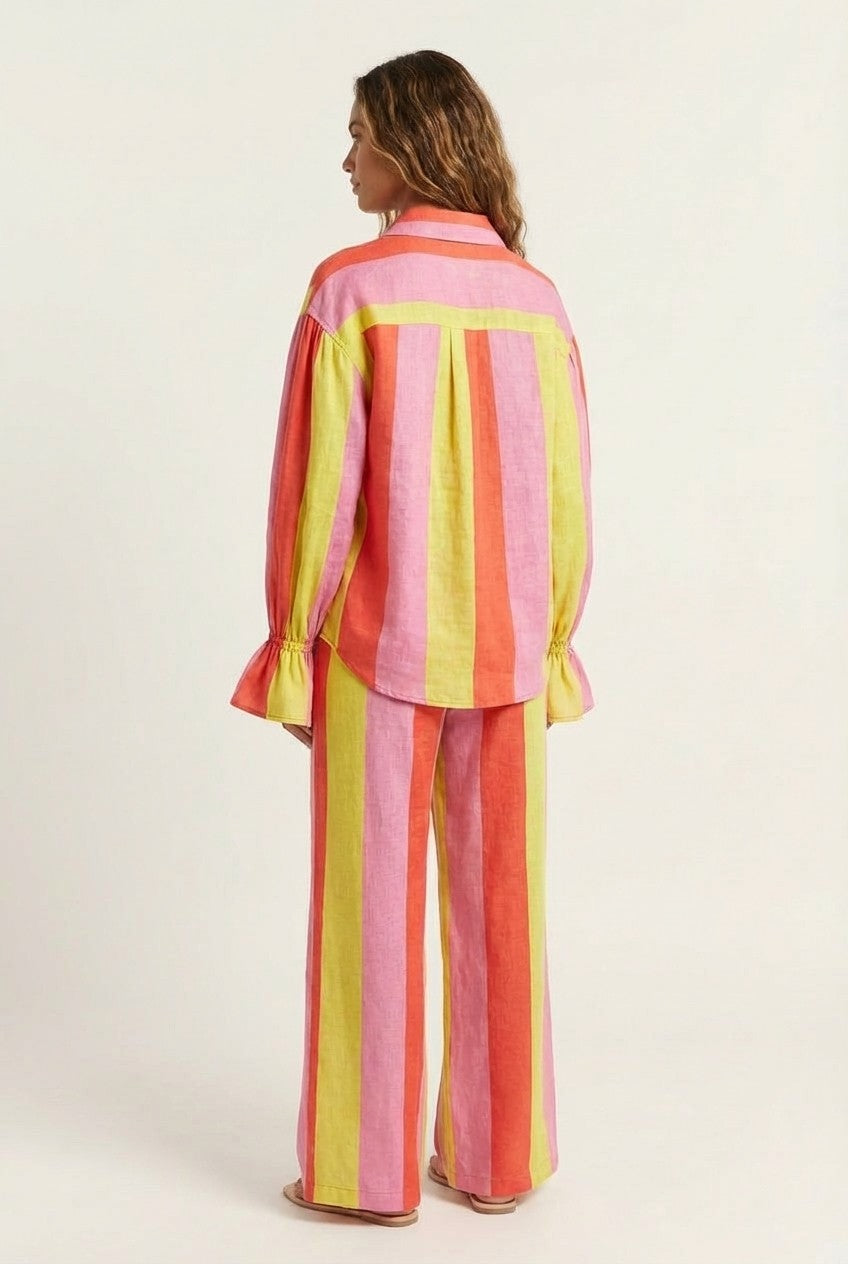 Women's Striped Linen Shirt and Wide Leg Pants Set Relaxed Resort Wear