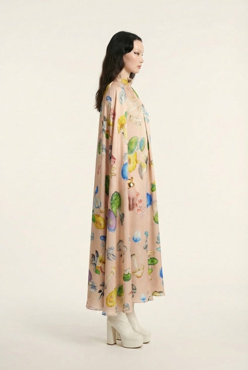 Women's Satin Mushroom Print Cape Maxi Dress Whimsical Evening Gown