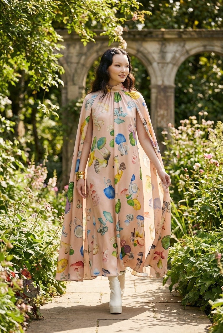 Women's Satin Mushroom Print Cape Maxi Dress Whimsical Evening Gown