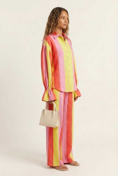 Women's Striped Linen Shirt and Wide Leg Pants Set Relaxed Resort Wear