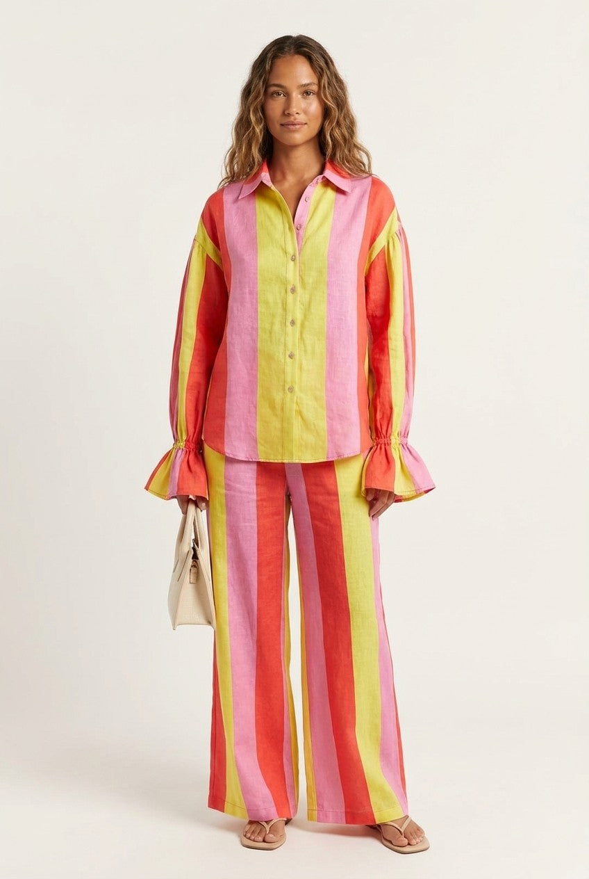 Women's Striped Linen Shirt and Wide Leg Pants Set Relaxed Resort Wear