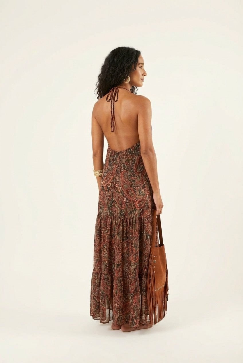 Women's Paisley Halter Maxi Dress With Ruffle Detail Boho Resort Style