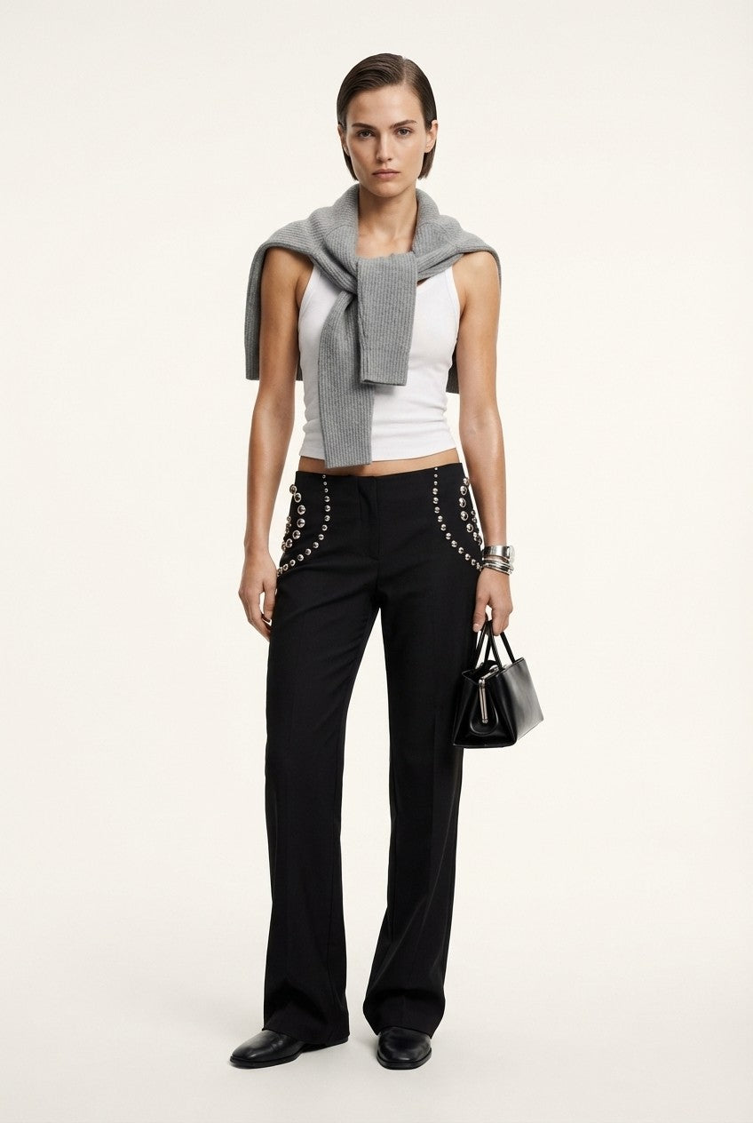 Women's Studded Black Tailored Trousers, Slim Straight Fit, Edgy Chic