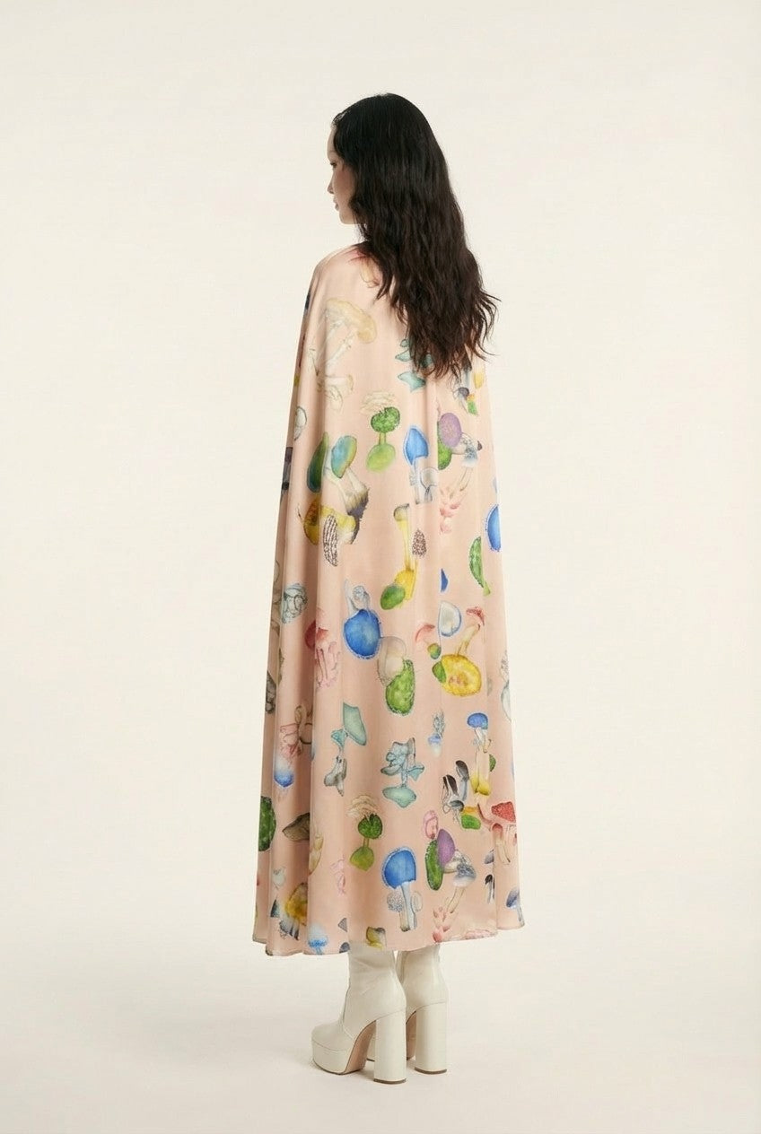 Women's Satin Mushroom Print Cape Maxi Dress Whimsical Evening Gown
