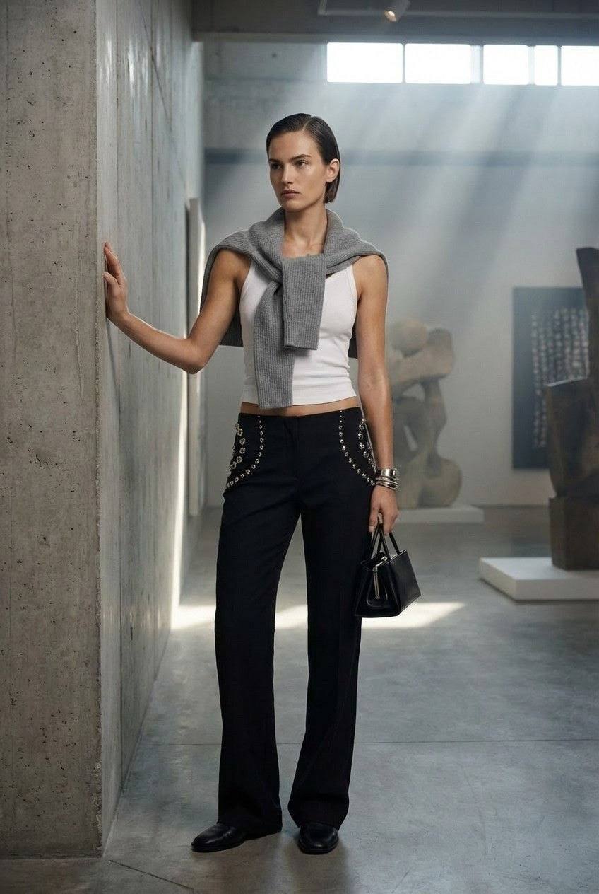 Women's Studded Black Tailored Trousers, Slim Straight Fit, Edgy Chic