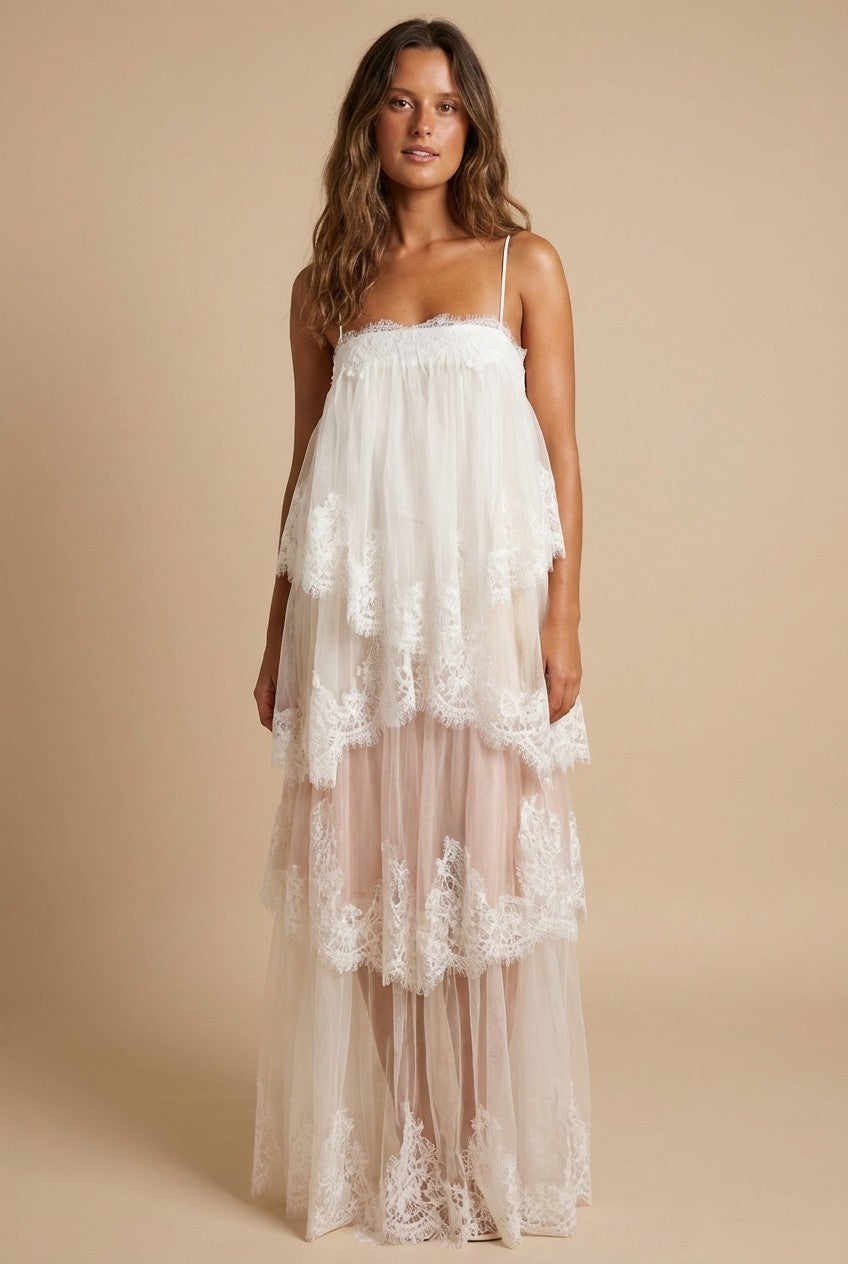 Women's White Lace and Tulle Tiered Maxi Dress Scalloped Bridal Vibe