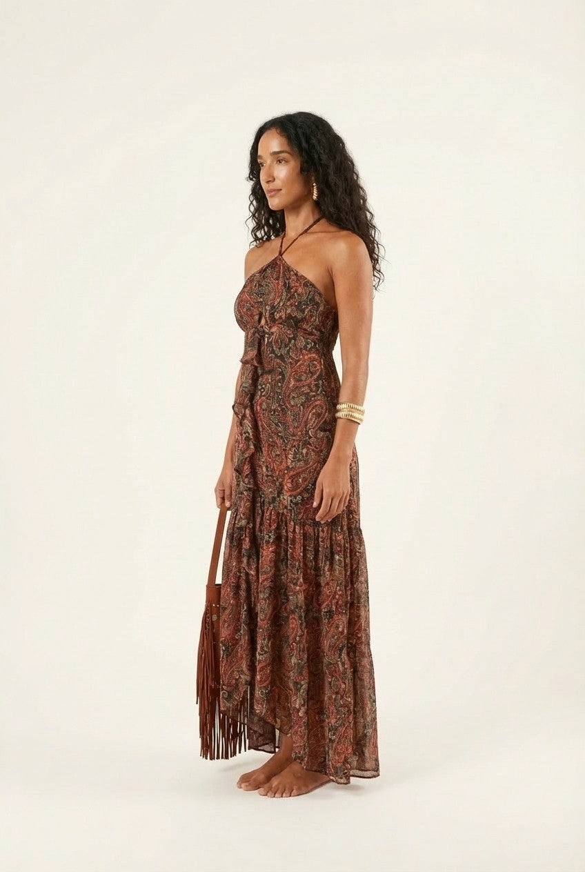 Women's Paisley Halter Maxi Dress With Ruffle Detail Boho Resort Style
