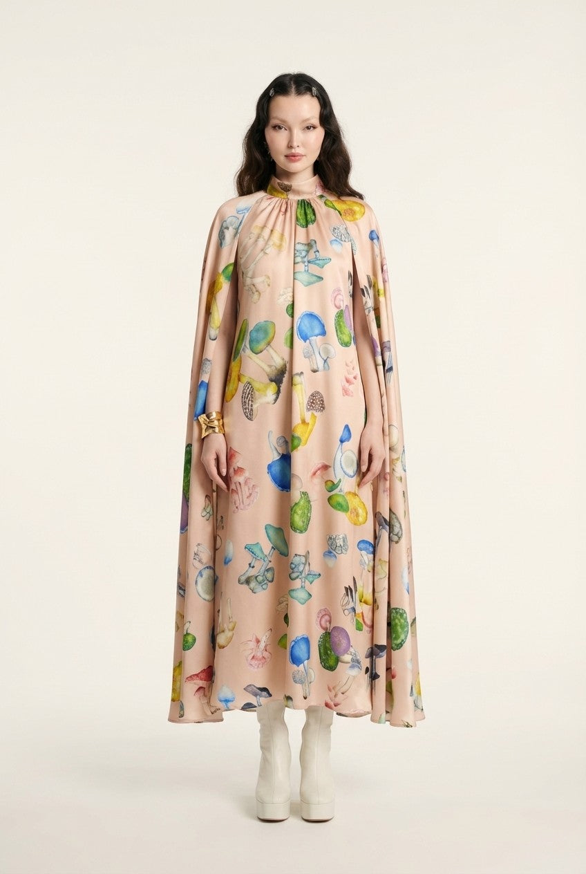 Women's Satin Mushroom Print Cape Maxi Dress Whimsical Evening Gown